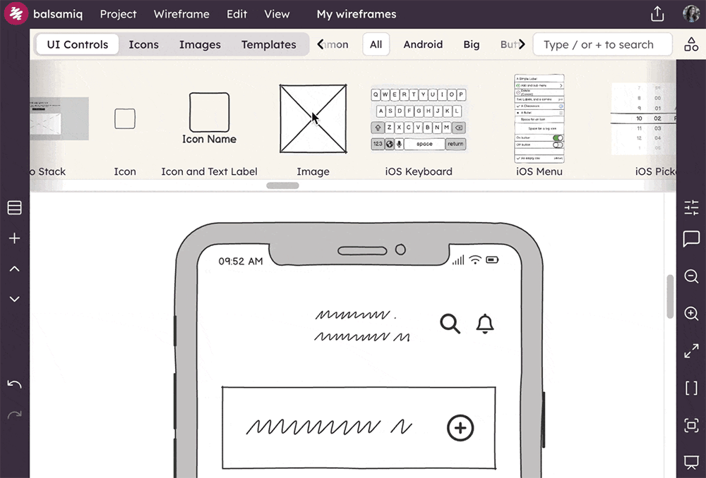 Dragging and dropping an image element from the Balsamiq UI controls panel into a mobile wireframe app.