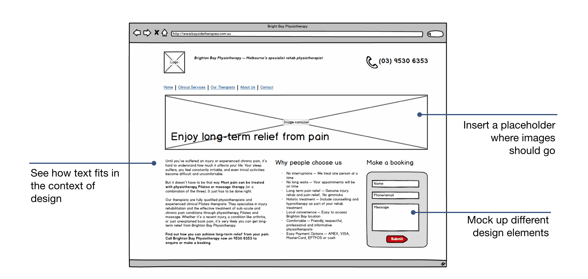 Wireframe of a web page with text that fits the design, a placeholder image, and mocked-up design elements.