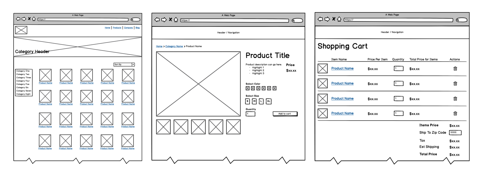 Wireframes of 3 key screens for a small e-commerce shop: category page, product detail page, and cart page.
