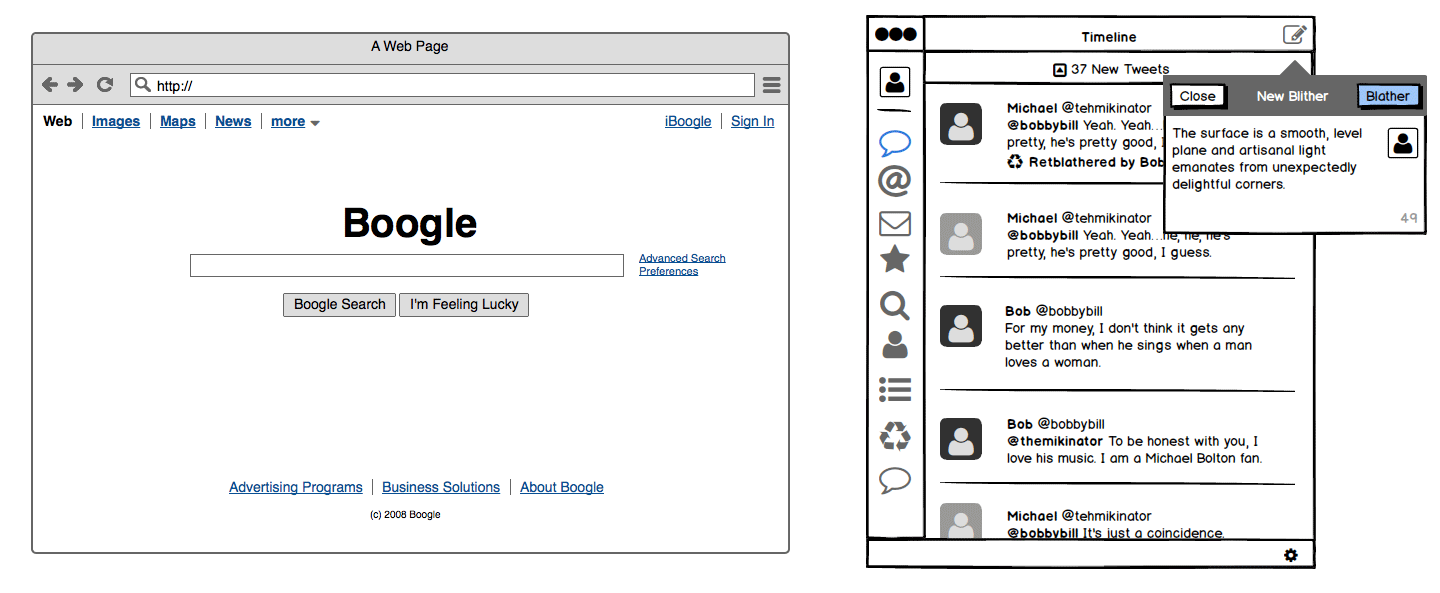 2 wireframes, one of a webpage for a search engine similar to Google, and one of a Twitter timeline page.