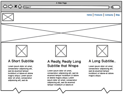 Wireframe of a web page with generic text for titles and Lorem ipsum placeholder for body text.