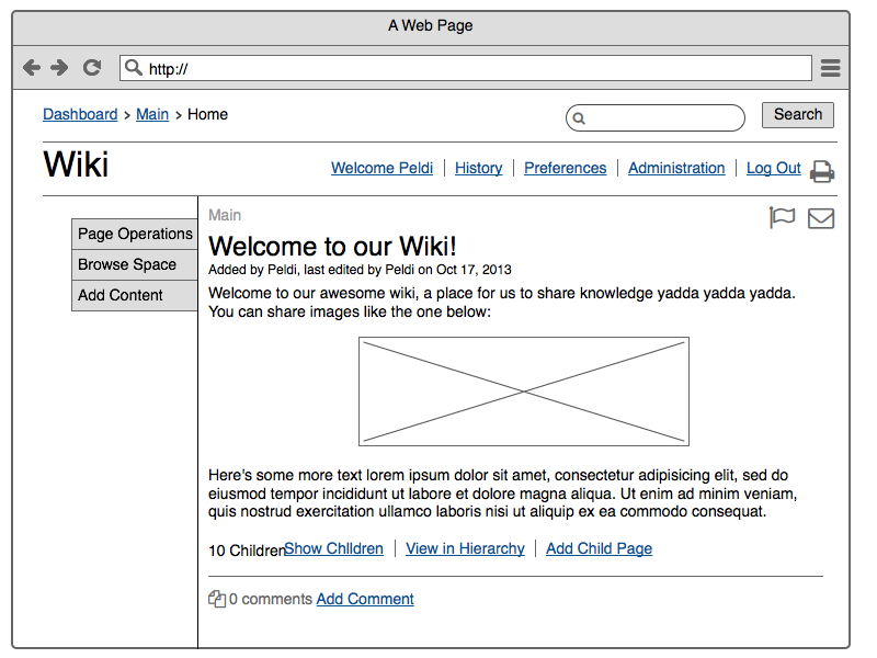 Wireframe of a web page and its main content (title, image, text) and other design elements like breadcrumbs and menu.