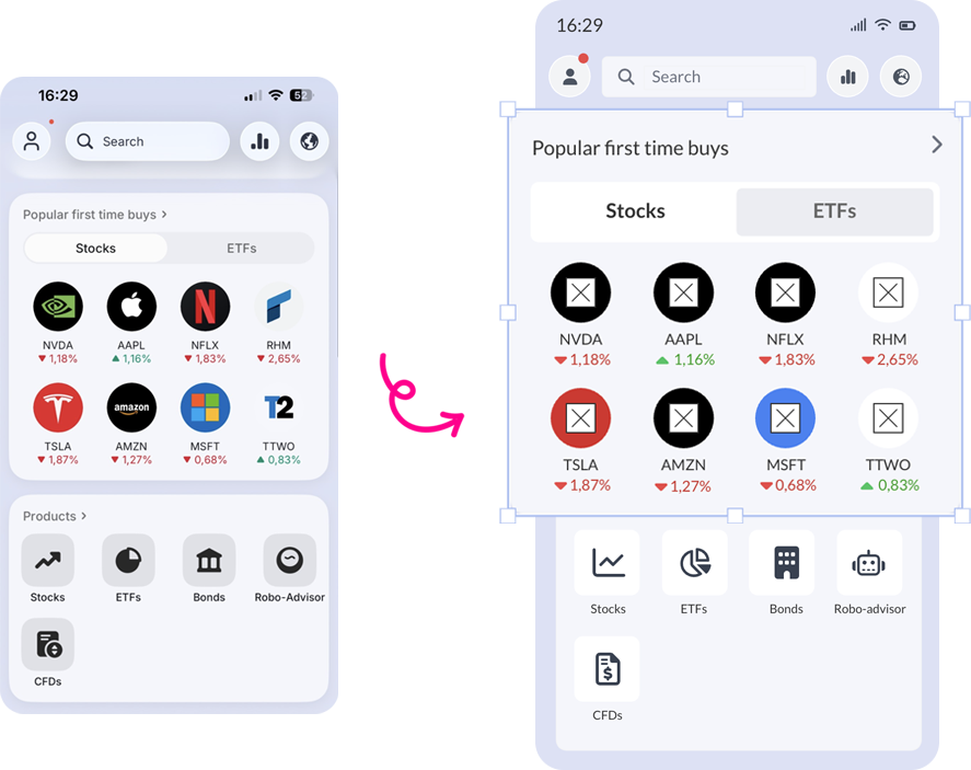 Wireframe of an investing app interface created in Balsamiq