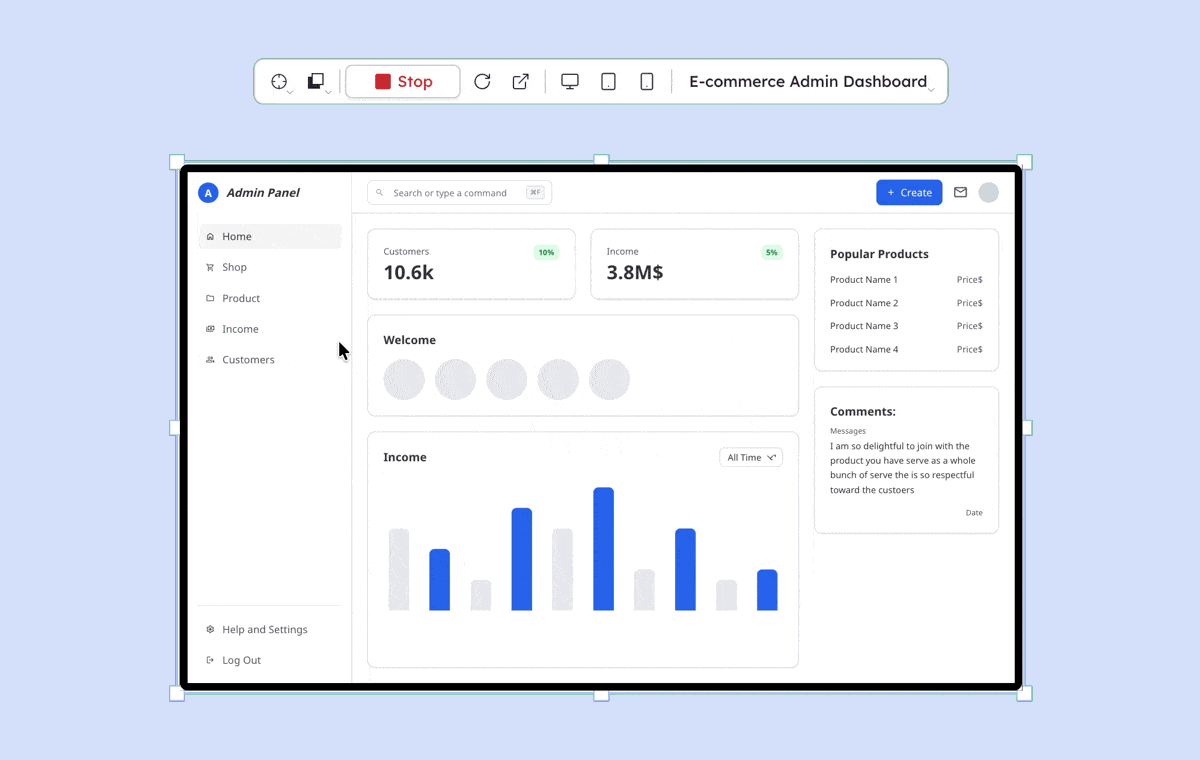 Prototype of an e-commerce dashboard made with Balsamiq