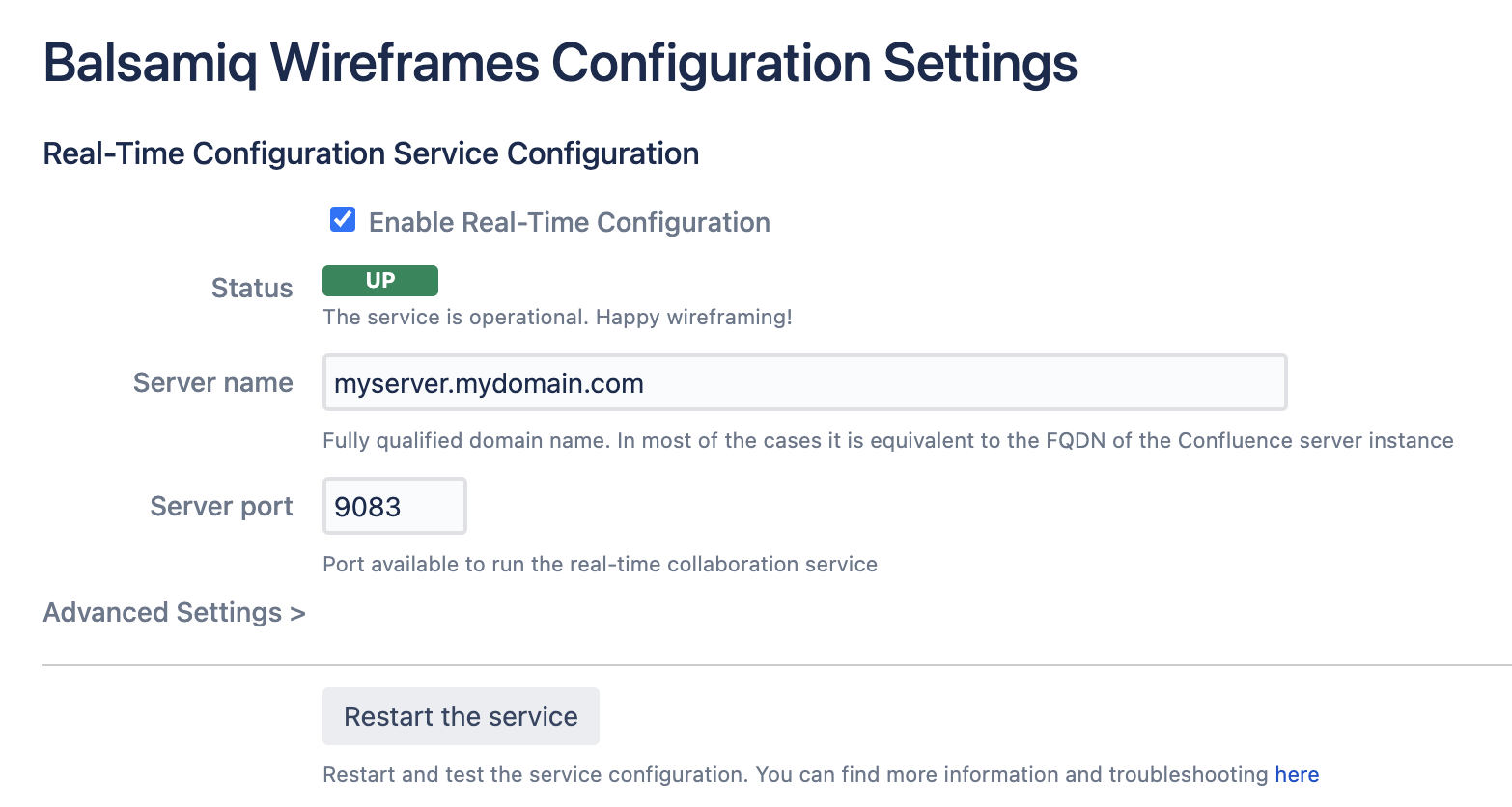 Enable and test real-time collaboration in Balsamiq by setting server name and port, then restarting the service.