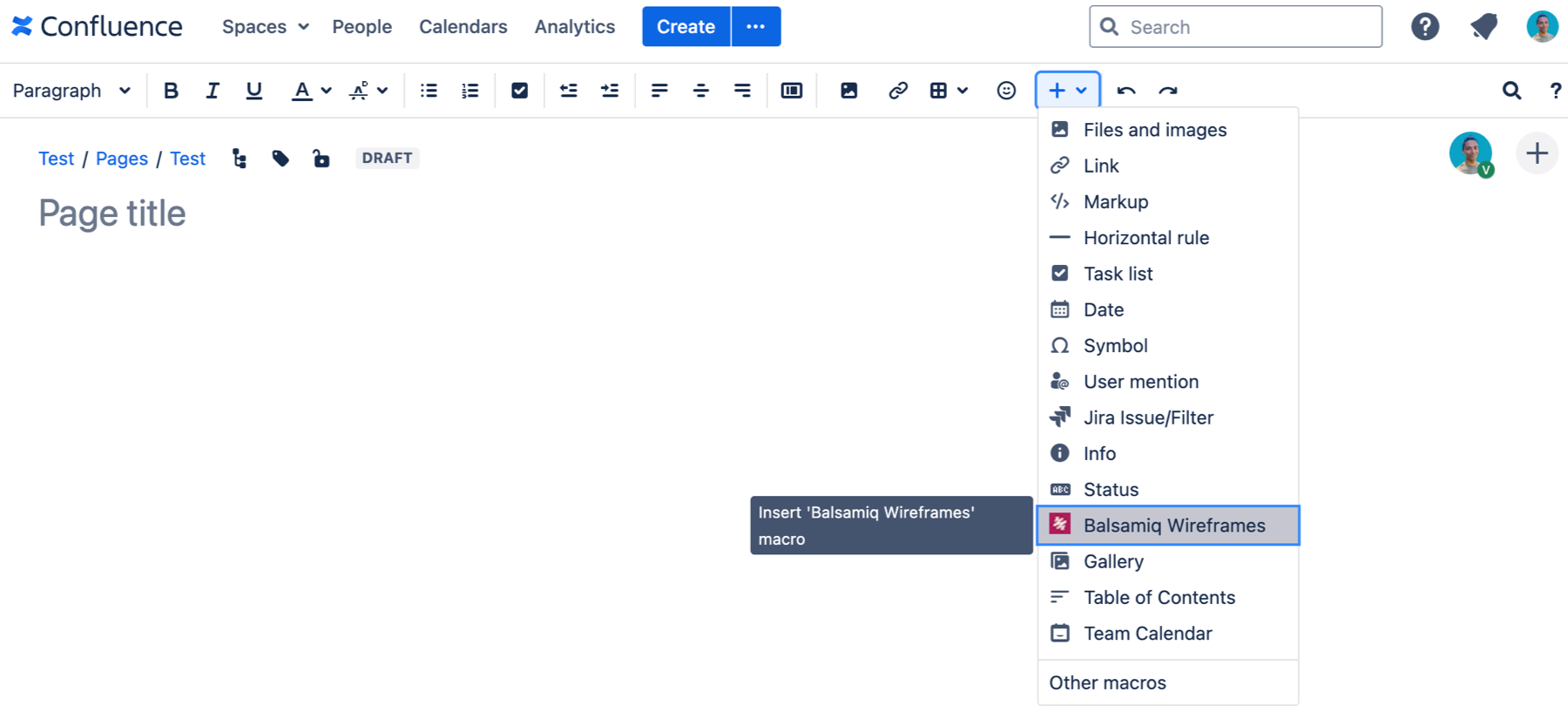 Use the “+” menu in the editor toolbar to insert a new Balsamiq Wireframes macro.