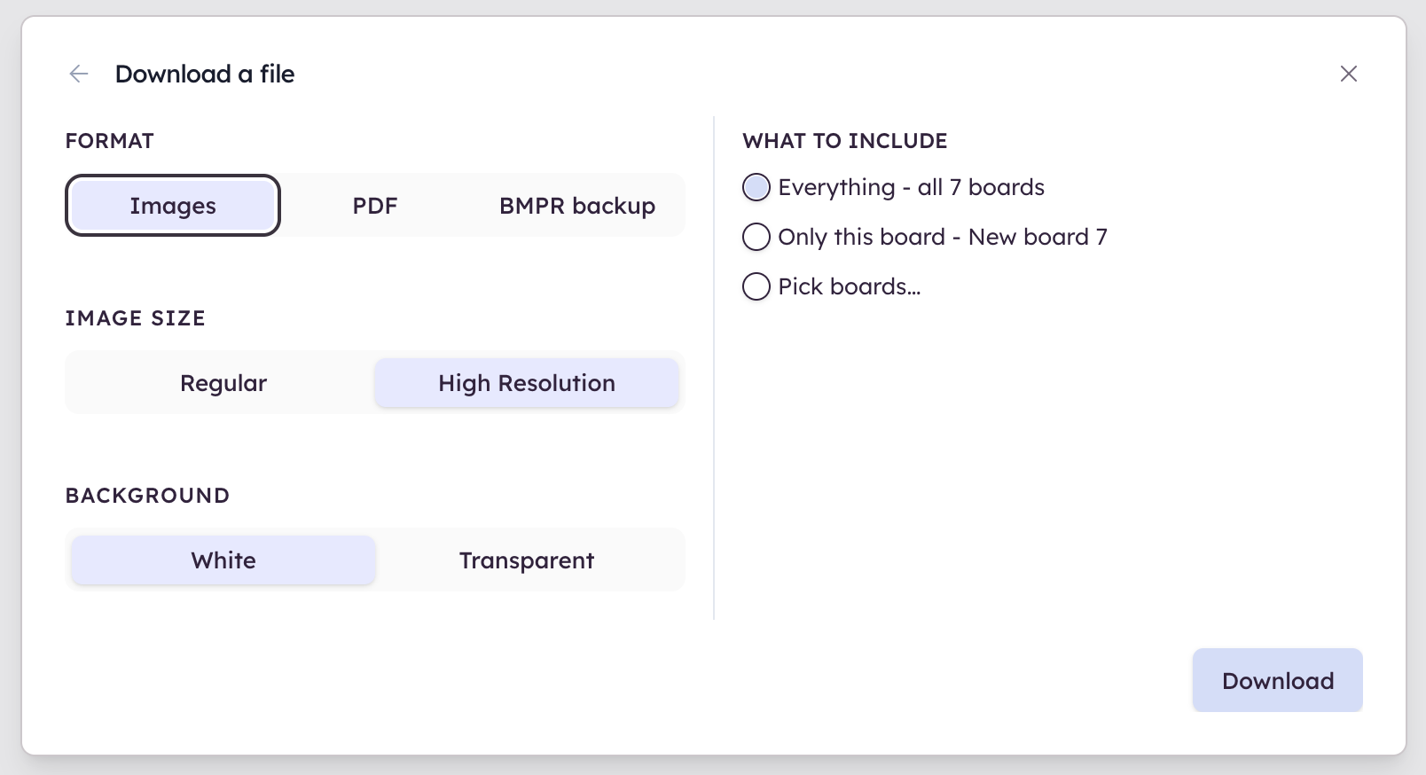 Export all boards as PNGs with options for resolution and transparent background