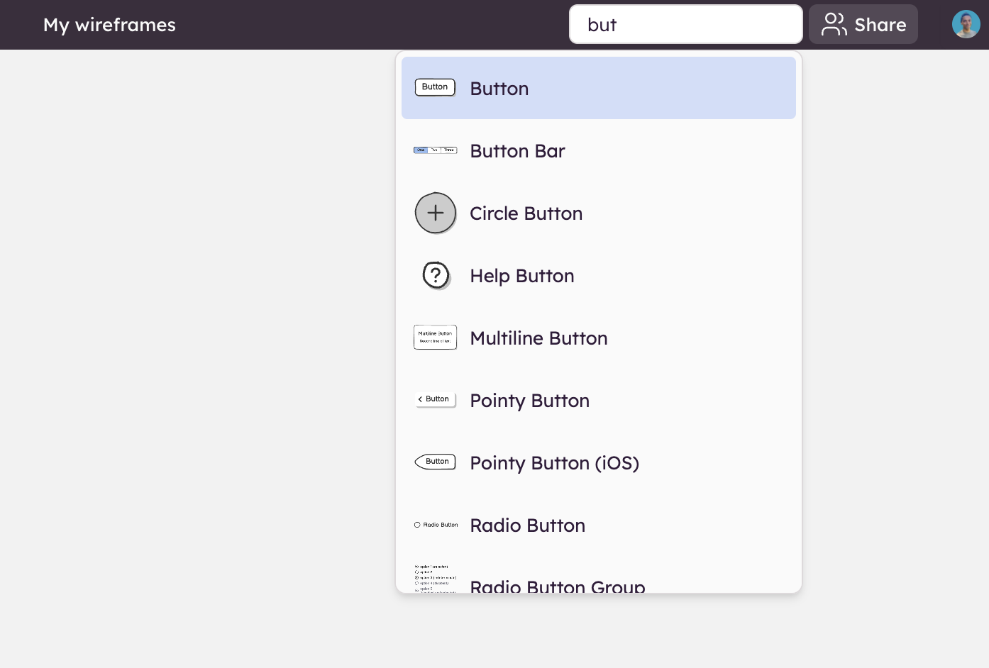 Search results for “but” in Balsamiq, showing button-related UI elements to quickly add to the board.